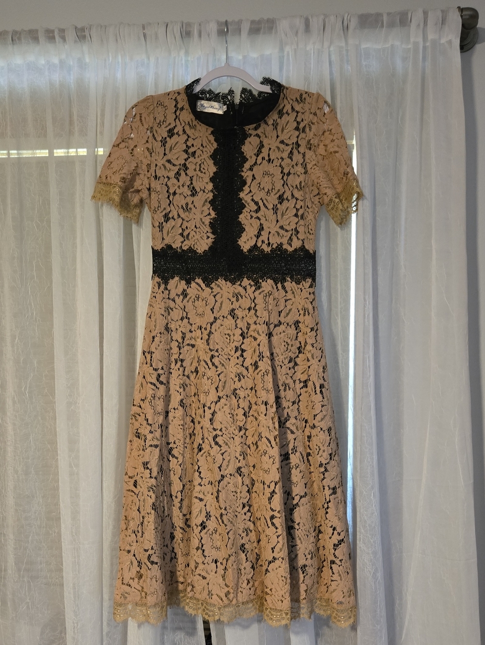 Beige Lace Fit-and-Flare Dress with Black Trim